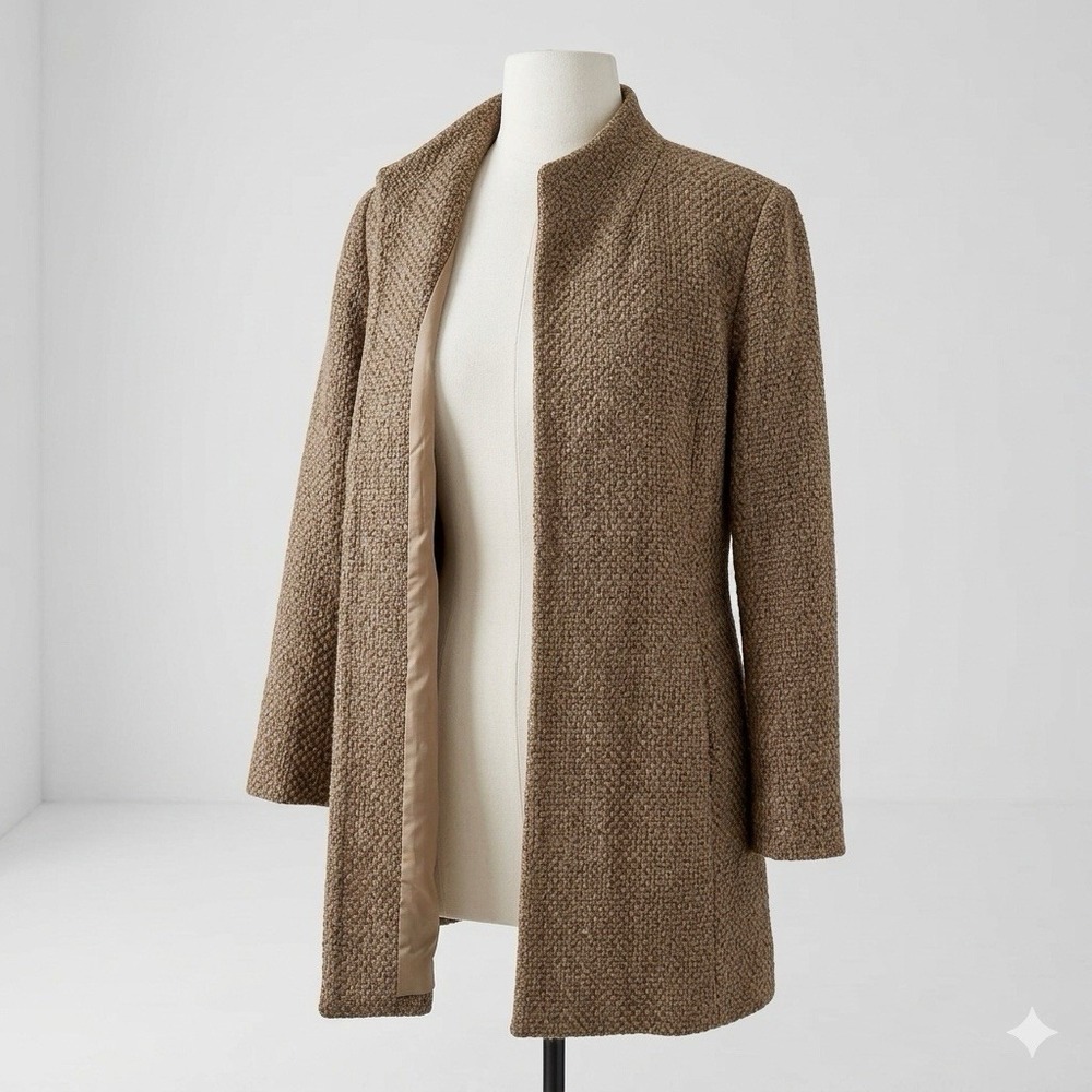 Eileen Fisher Basketweave Tweed Wool Silk Car Coat Jacket Stand Collar Brown S